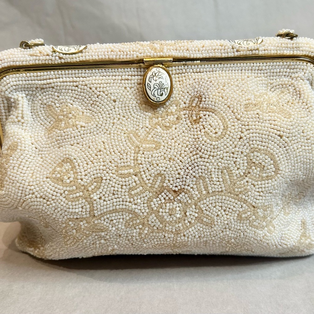 Vintage White Beaded Evening Bag Wedding Clutch Handbag Formal Handbeaded Prom - Picture 2 of 11